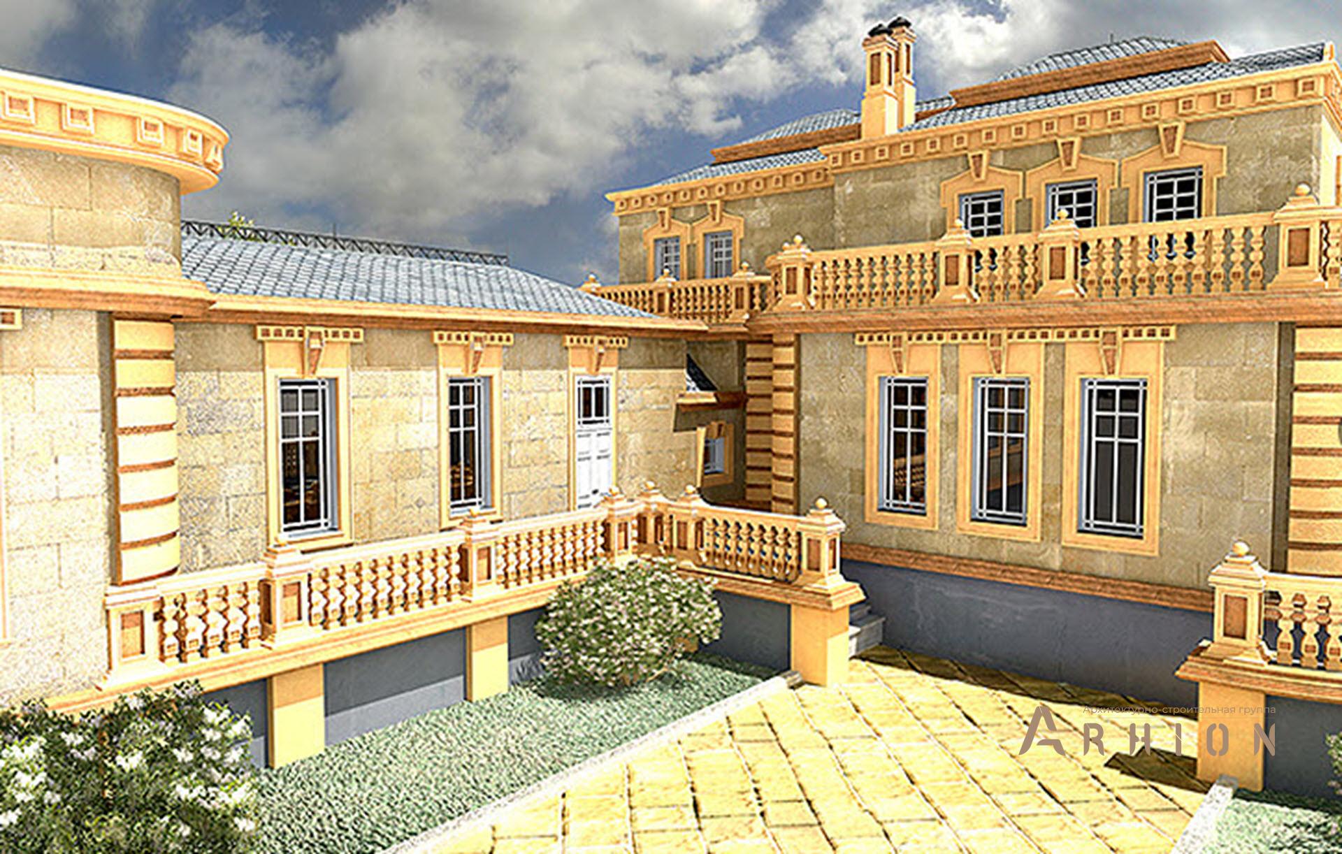 6. Проект двухэтажного дома в замковом стиле с многоскатной кровлей, SOV-9, площадью - 959 кв c цокольным этажом, сауной, терассой, балконом